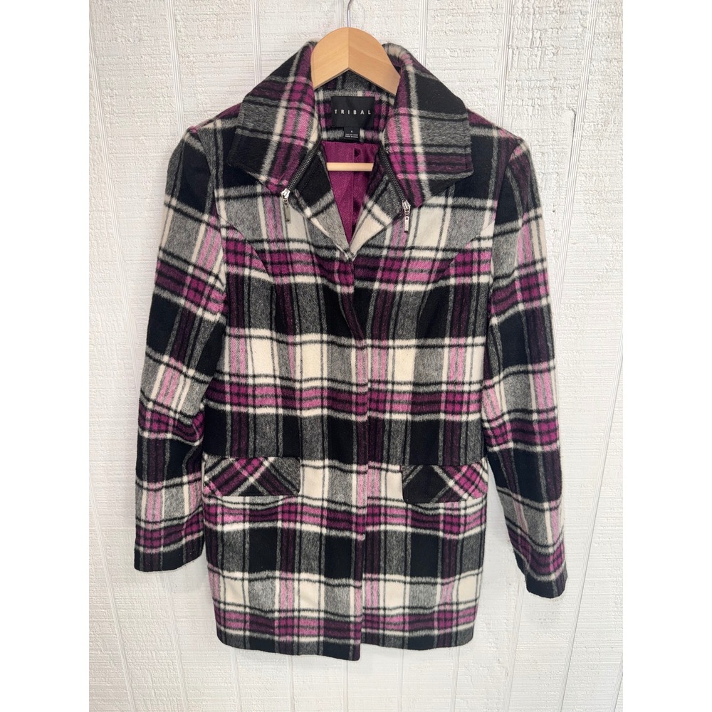 Tribal Plaid Coat Womens Magenta Black White Wool Blend Tartan Peacoat 4
